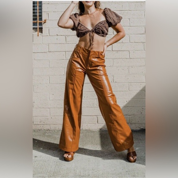 FREE PEOPLE Star Crossed Lovers Faux Leather Tan Trousers size 0 - Picture 3 of 14